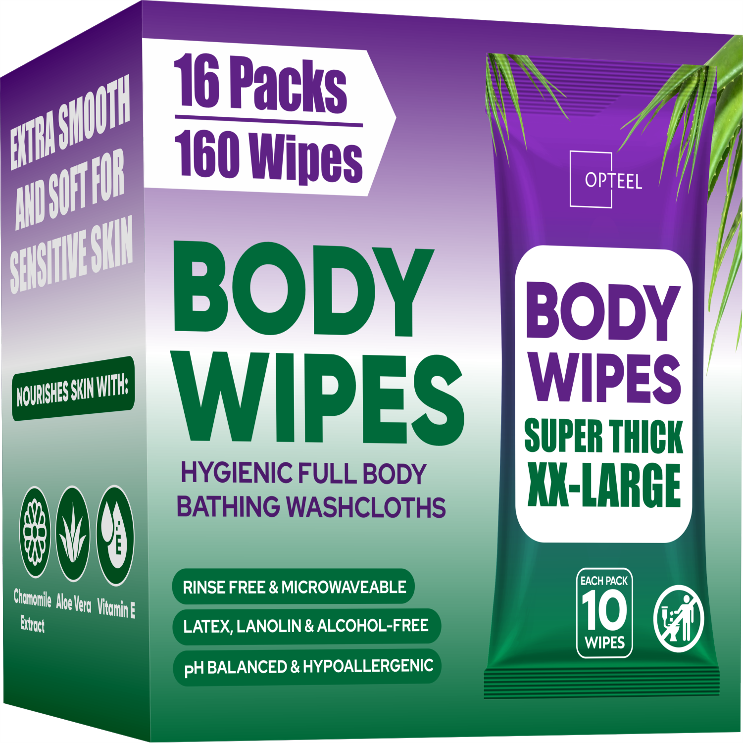 Body Wipes Shower Alternative - 16 Packs of 10 (160 Wipes)