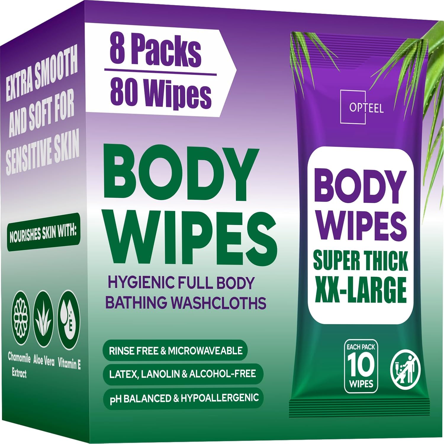 Body Wipes Shower Alternative - 8 Packs of 10 (80 Wipes)