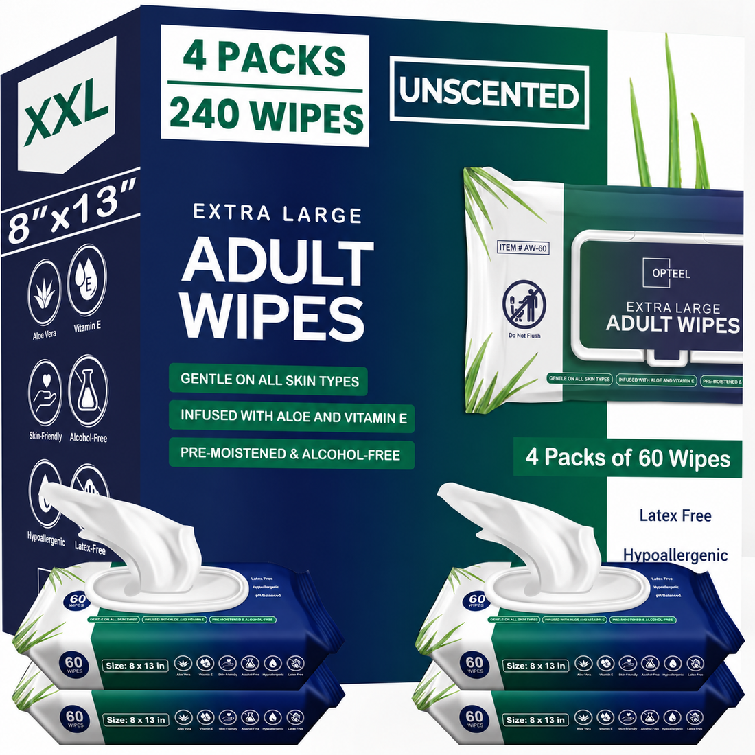 Adult Wipes  for Incontinence and perineal cleaning | Extra-Large, No-Rinse Wipes for Seniors & Sensitive Skin